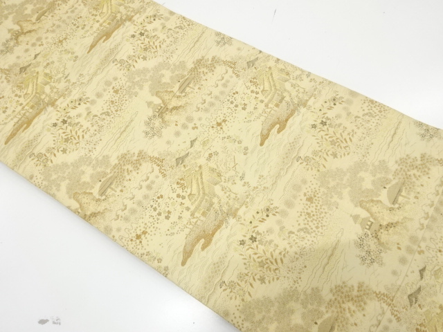 JAPANESE KIMONO / ANTIQUE MARU OBI / SILK / WOVEN MANSION SCENERY